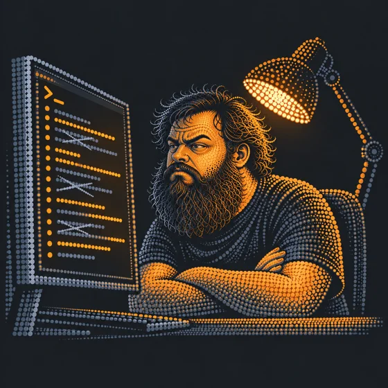 A bearded developer under a desk lamp, arms crossed, scowling at a terminal full of struck-out lines.
